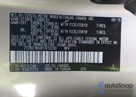 2015 Lexus Rx 450H z USA, uszkodzony, nr VIN 2T2BC1BA9FC010290